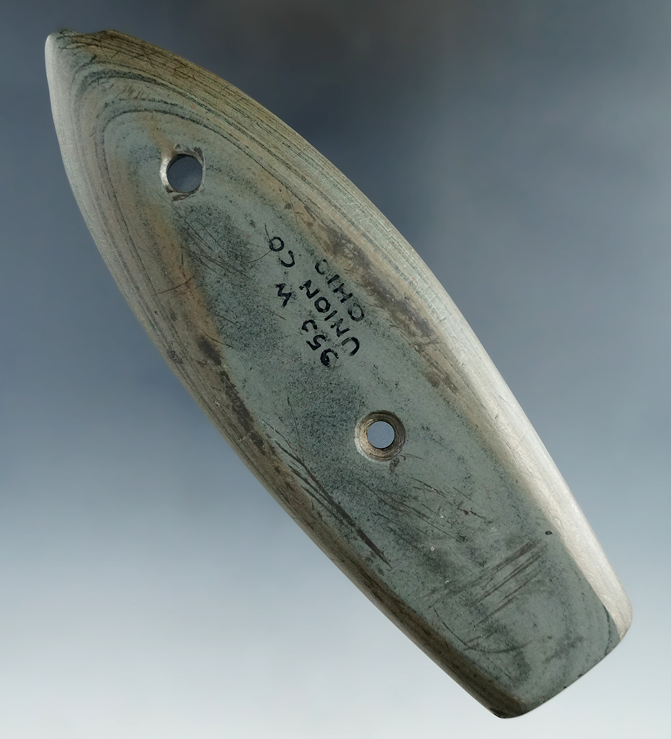 5 3/16" green banded slate Coffin Gorget found in Union Co., Ohio. Ex. A. T. Wehrle #953