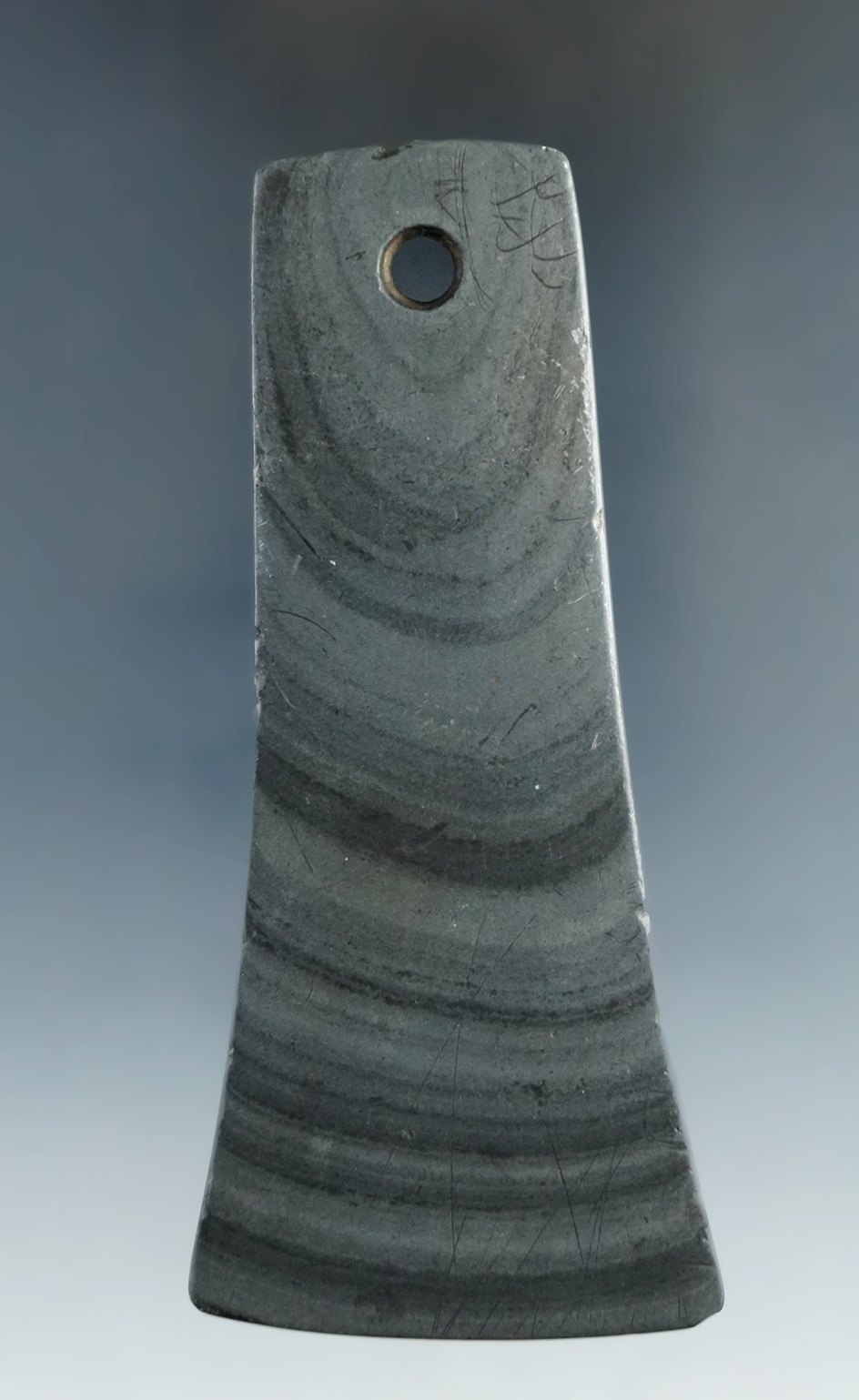 3 3/4" green banded slate Bell Pendant in very nice condition found in Ohio.