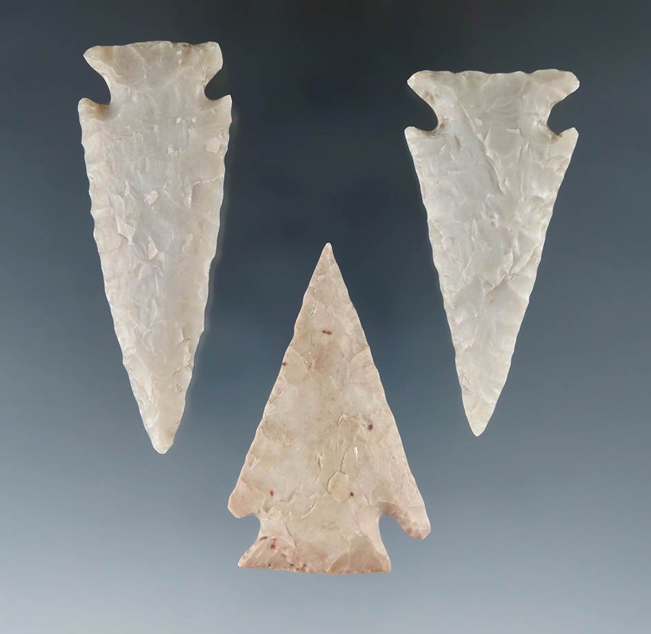 Ex. Museum! Set of three Ensor points with excellent flaking found in Texas, largest is 2 5/16".