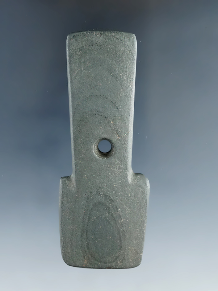 3 1/4" Hopewell Shovel Pendant made from green and black banded slate, Erie Co., Ohio.