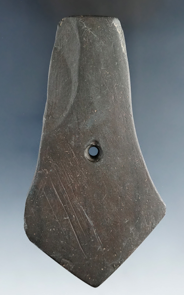 4 1/4" Hopewell Pentagonal Pendant made from Banded slate, found in Wood Co., Ohio.