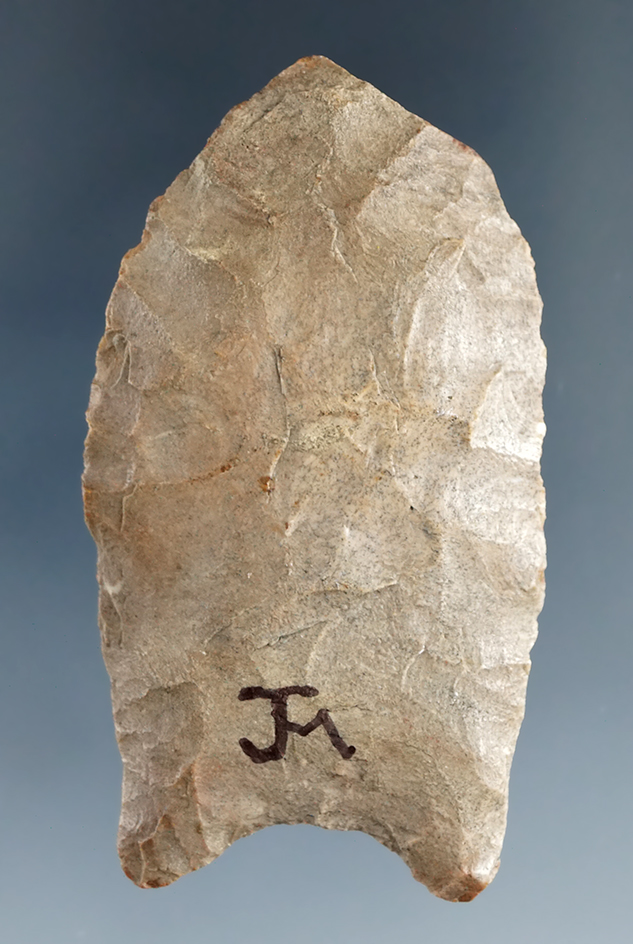 2 5/16" Paleo Clovis with an anciently damaged tip found in Rush  Co., Indiana.