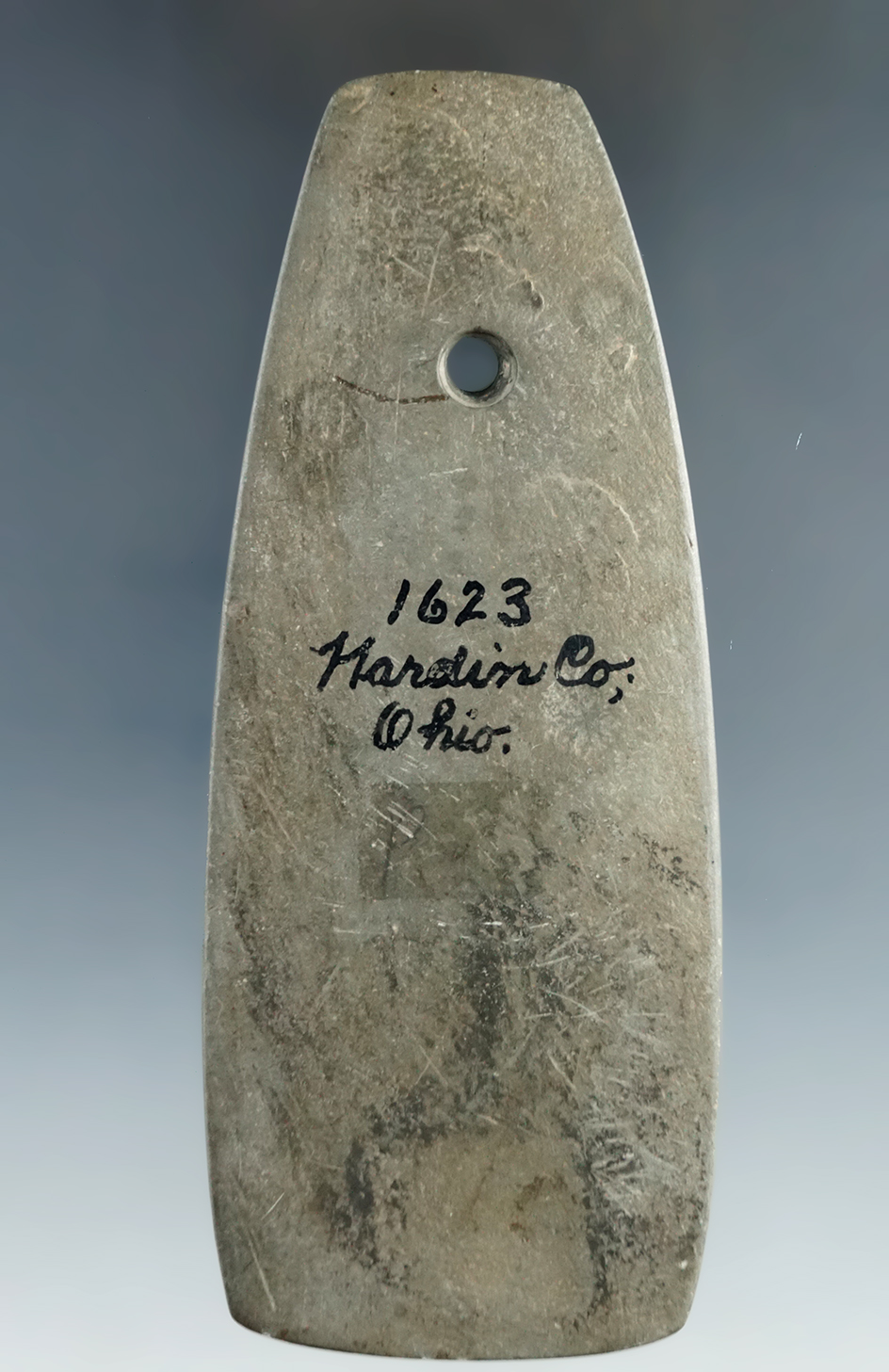 4 1/4" thin and well made Hopewell Trapezoidal Pendant found in Hardin Co., Ohio.