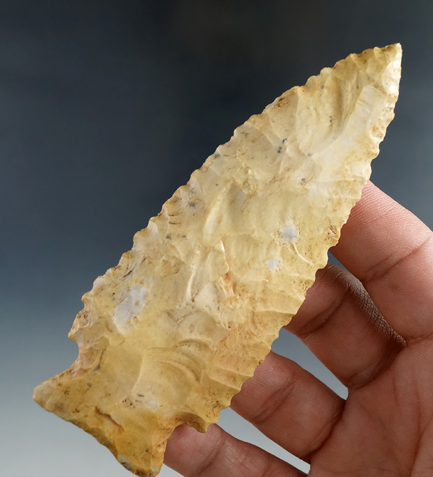 4 1/4" Stilwell made from river stained chert, found in Harrison Co., Indiana.Bennett COA.