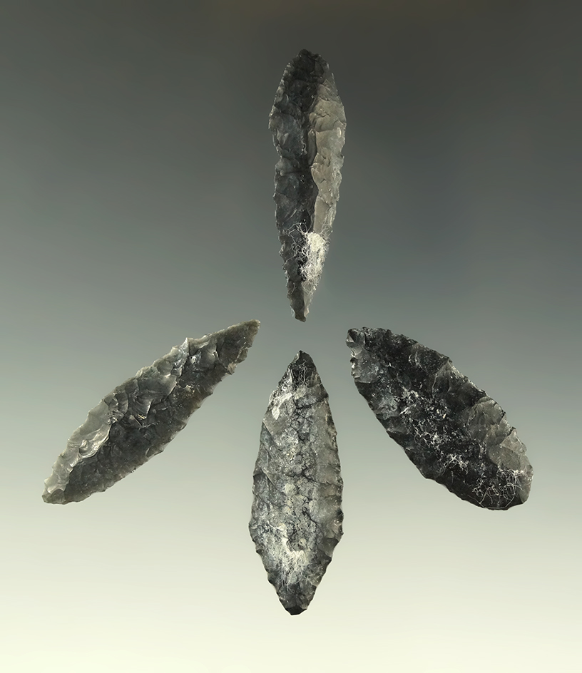 Set of four obsidian Cascade points found near Fort Rock Oregon, largest is 1 11/16".