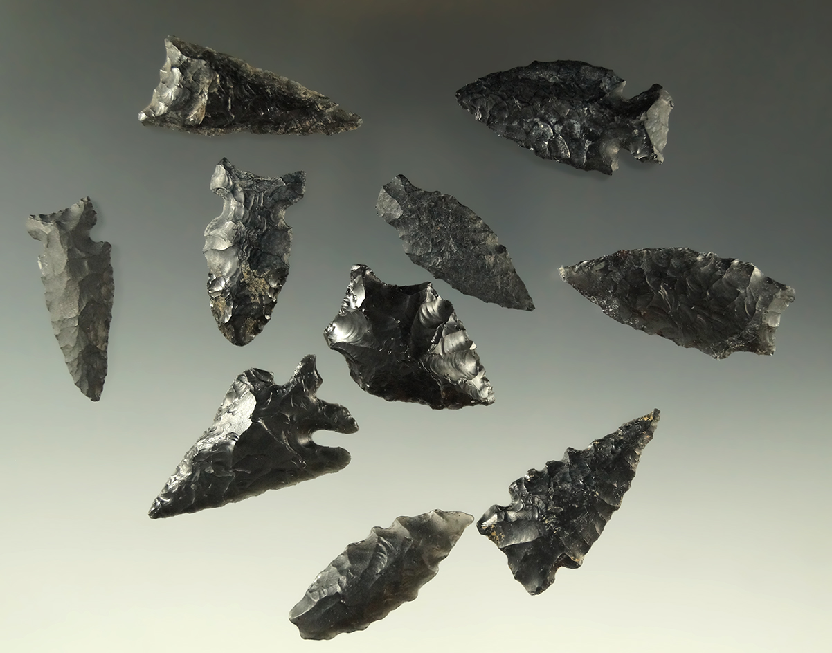 Set of ten obsidian arrowheads found near Fort Rock Oregon, largest is 1 1/2".