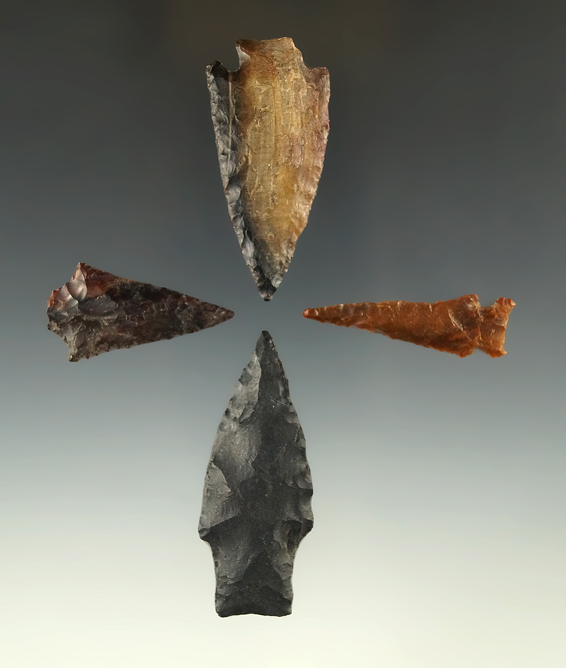 Set of four arrowheads and knives found near the Columbia River, largest is 2 3/16".