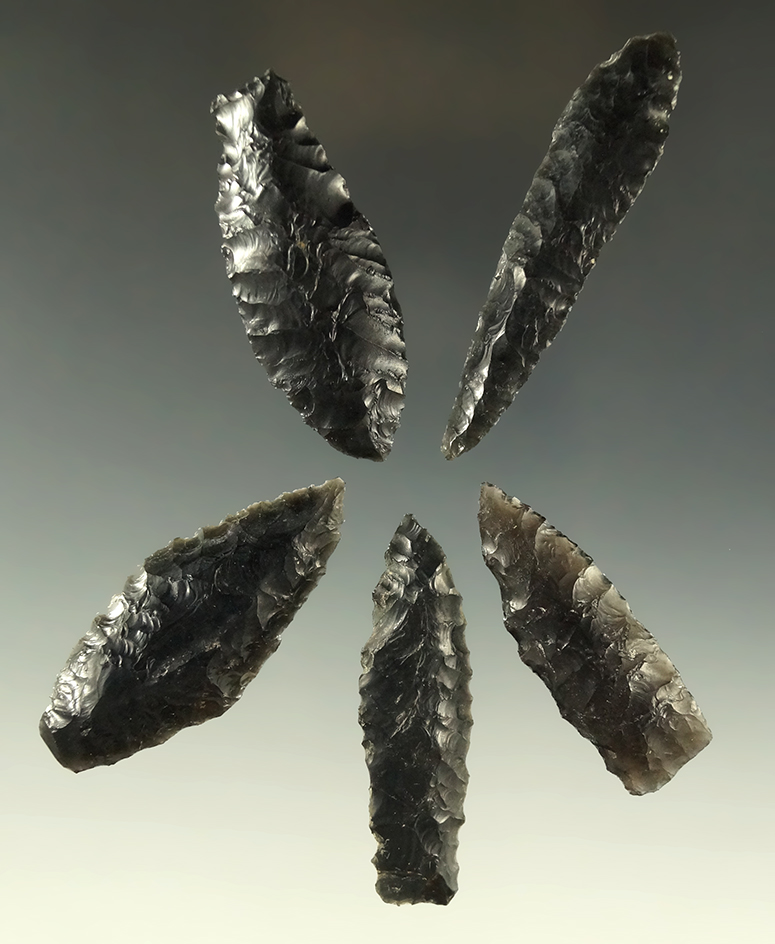 Set of five obsidian Cascades, largest is 2 7/16". All found in Oregon.
