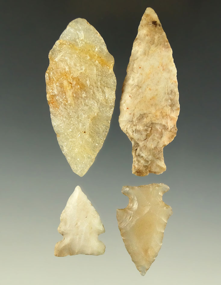 Set of four knives and points found in the Great Basin area, largest is 2 1/2".