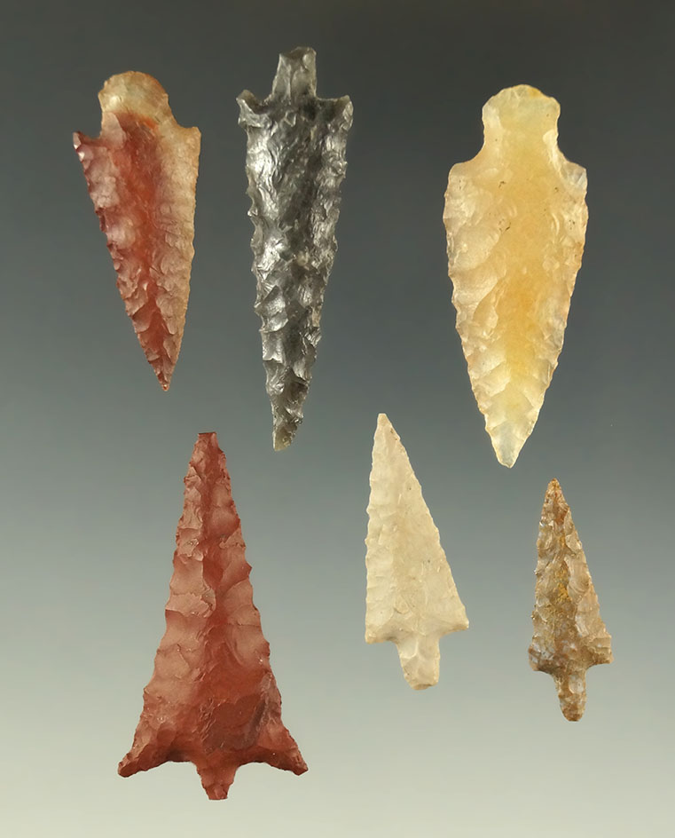 Set of six stemmed arrowheads found near the Columbia River, largest is 1 9/16".