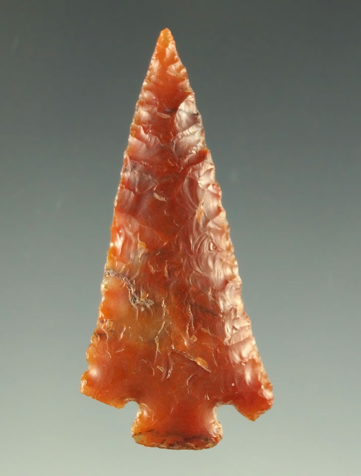 1 9/16" beautiful red agate Columbia River arrowhead with exceptional flaking.