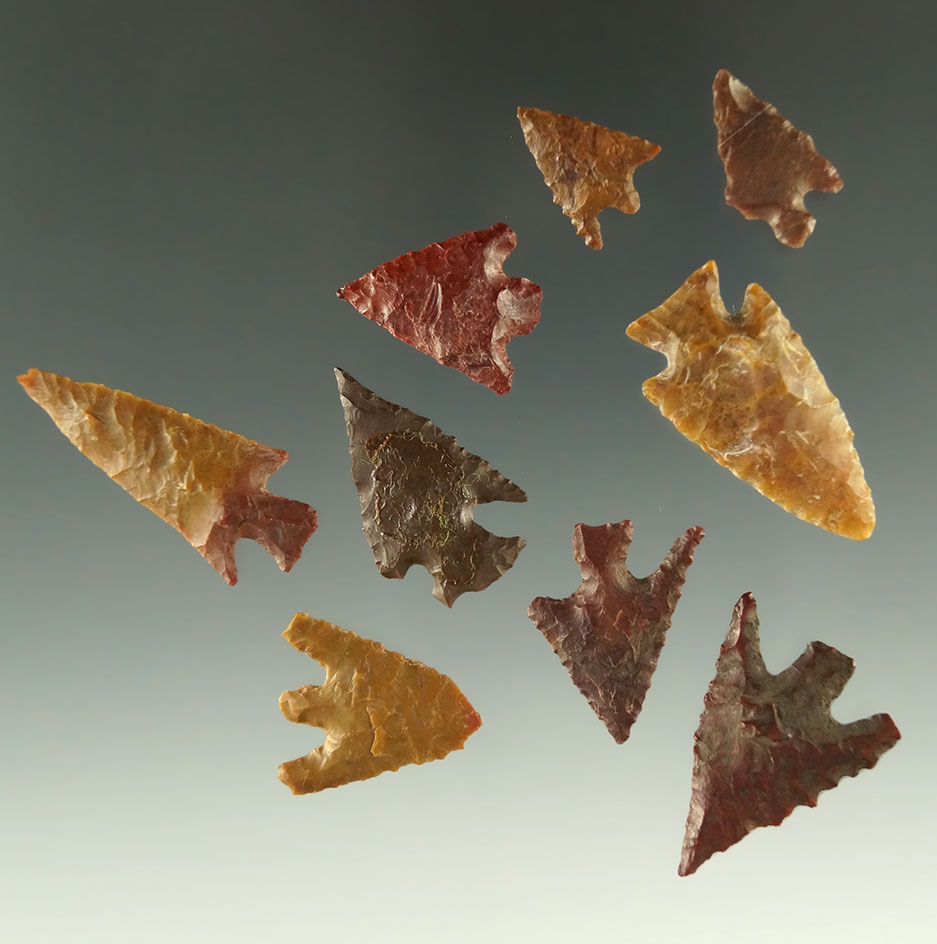 Nice set of nine Jasper arrowheads found near the Columbia River, largest is 1 1/4".