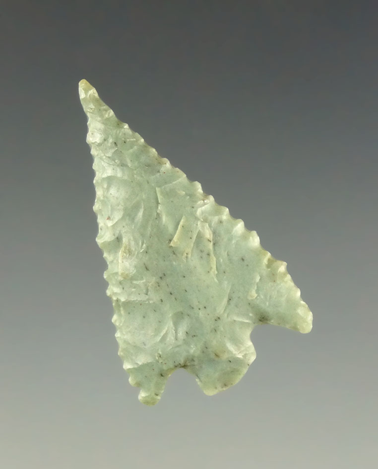 1 1/8" Gunther Barbed made from beautiful green Franciscan chert- California. - Museum COA.