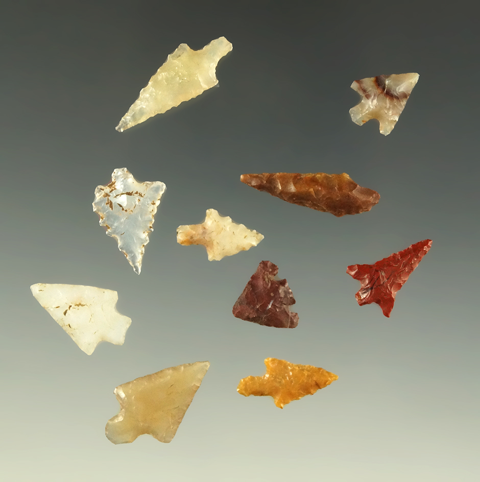 Set of 10 small but nicely made Columbia River Gempoints, largest is 13/16".