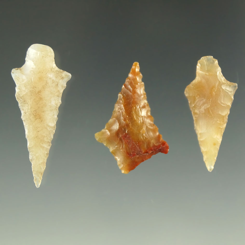Set of three Rabbit Island arrowheads, largest is 1 1/4". All made from nice material.