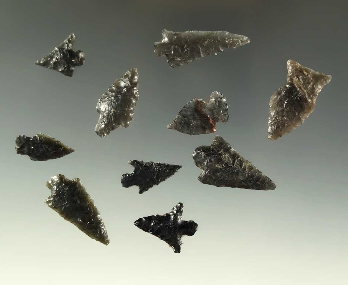 Set of 10 obsidian arrowheads found in Oregon, largest is 1 3/8".