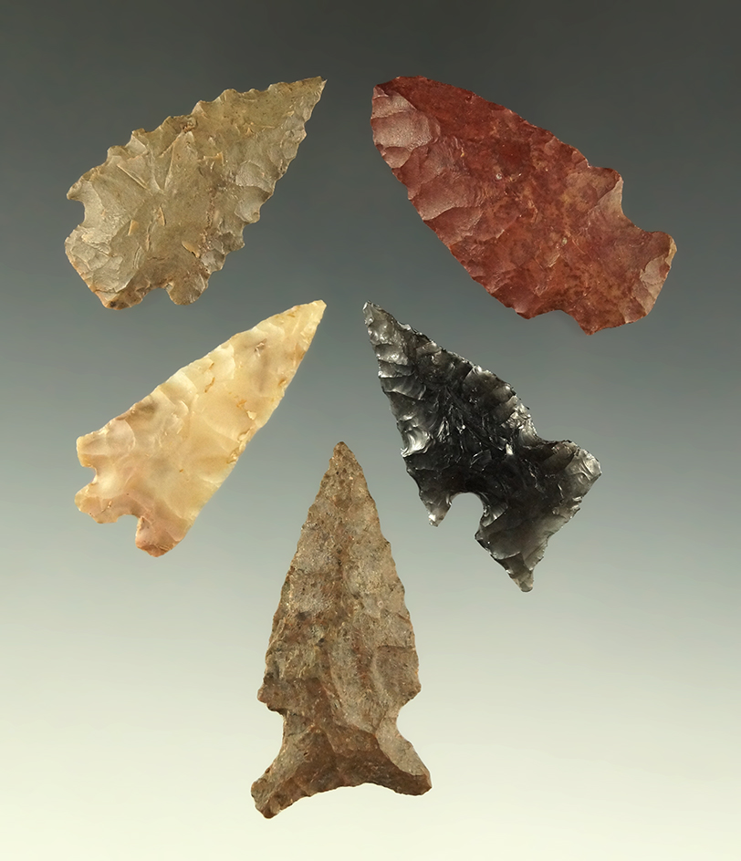 Set of five arrowheads found in Oregon, largest is 1 5/8".