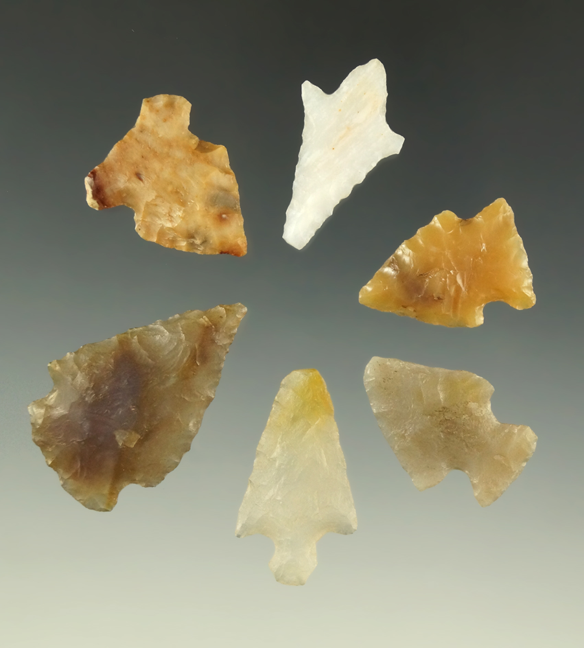 Set of six assorted Great Basin arrowheads made from nice material, largest is 1 7/16".