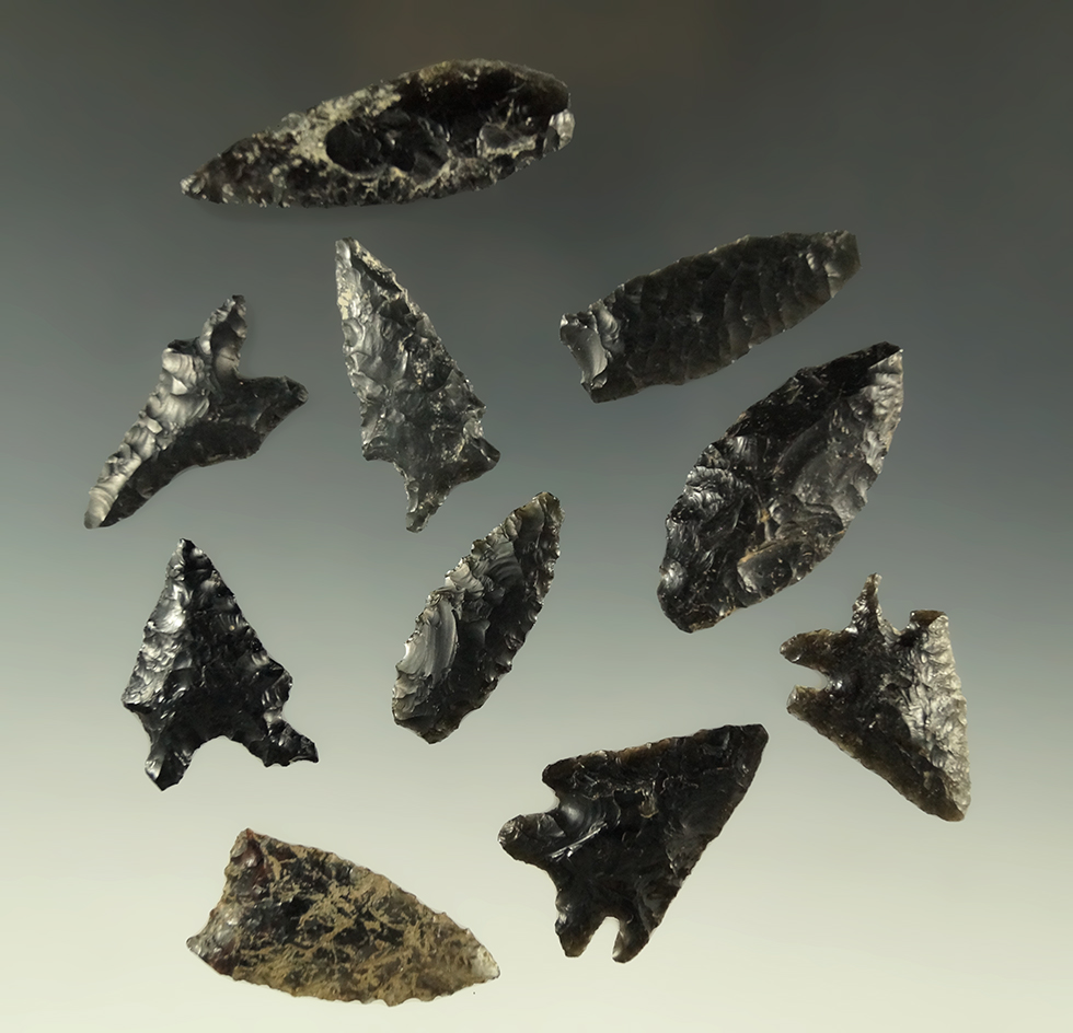 Set of 10 assorted obsidian arrowheads found in Oregon, largest is 1 9/16".