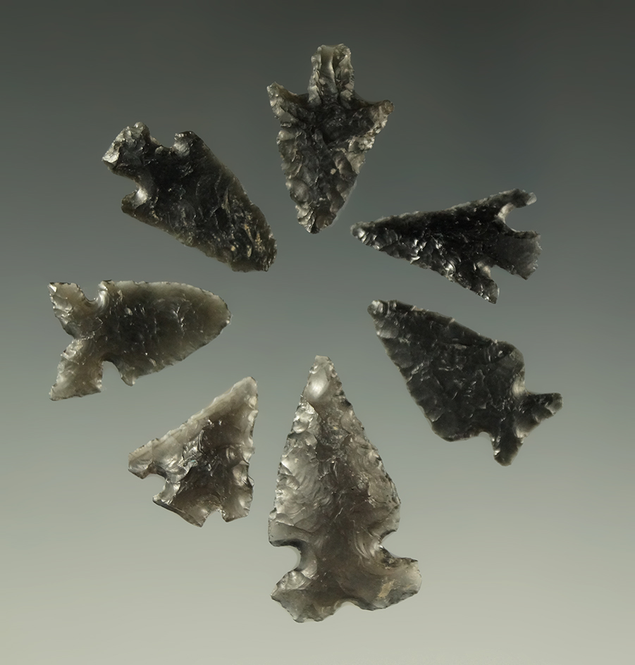 Set of seven obsidian arrowheads found near Fort Rock Oregon, largest is 1 1/8".