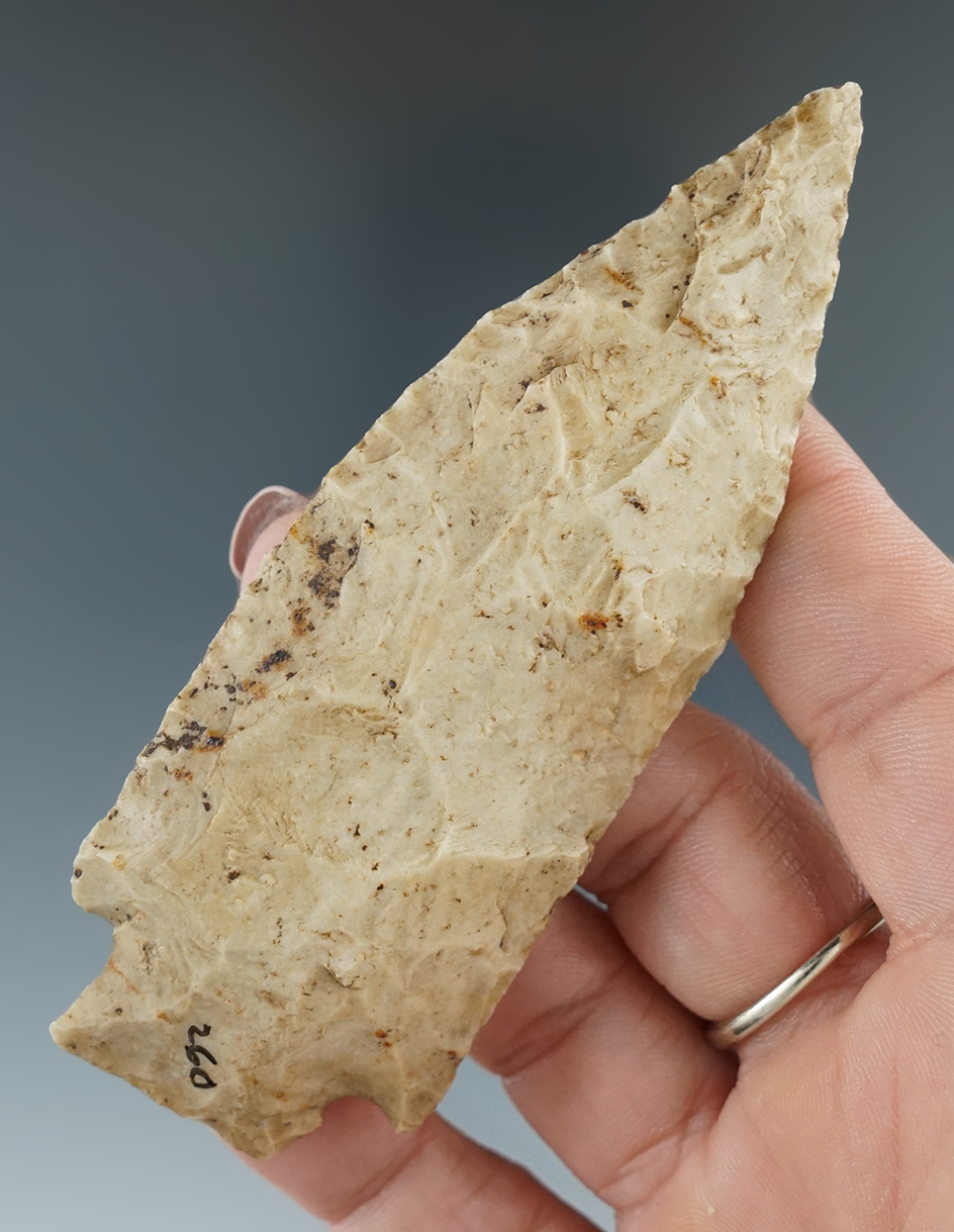 4" Etley Knife with nice mineral deposits on surface found in Missouri.