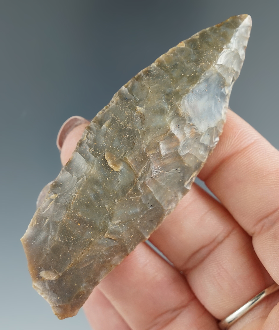 3 1/8" Paleo fluted Cumberland with some ancient damage to base found in Kentucky.