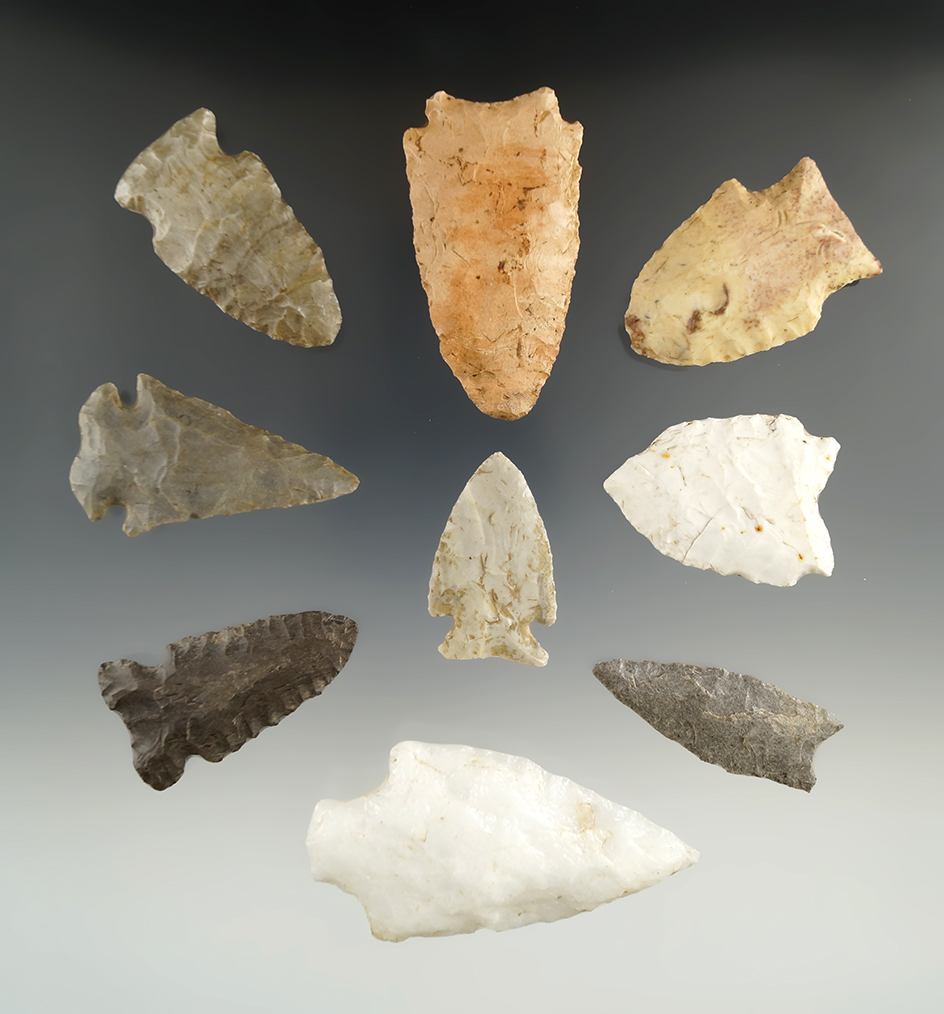 Excellent set of nine points and knives found in Indiana, Kentucky and Tennessee.