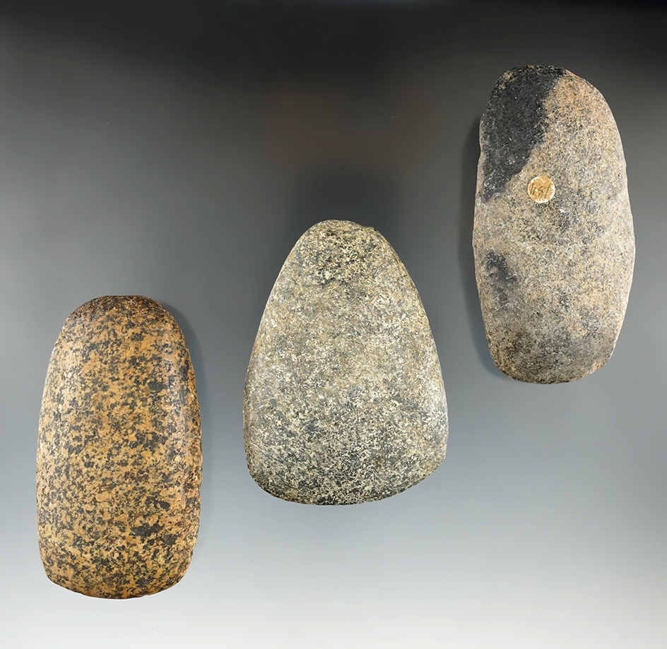 Set of three hardstone Celts and adzes found in Ohio, largest is 3 3/16".