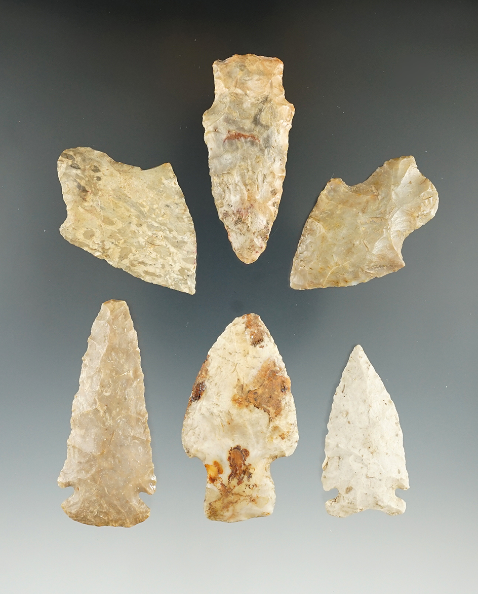 Set of 6 Assorted Indiana Arrowheads, largest is 2 3/8".