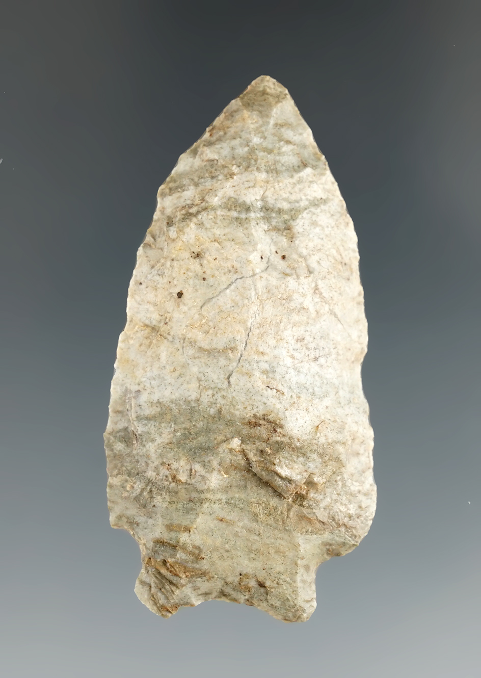 2 3/16" transitional Paleo point made from Indiana Green Flint found in Jasper Co., Indiana.