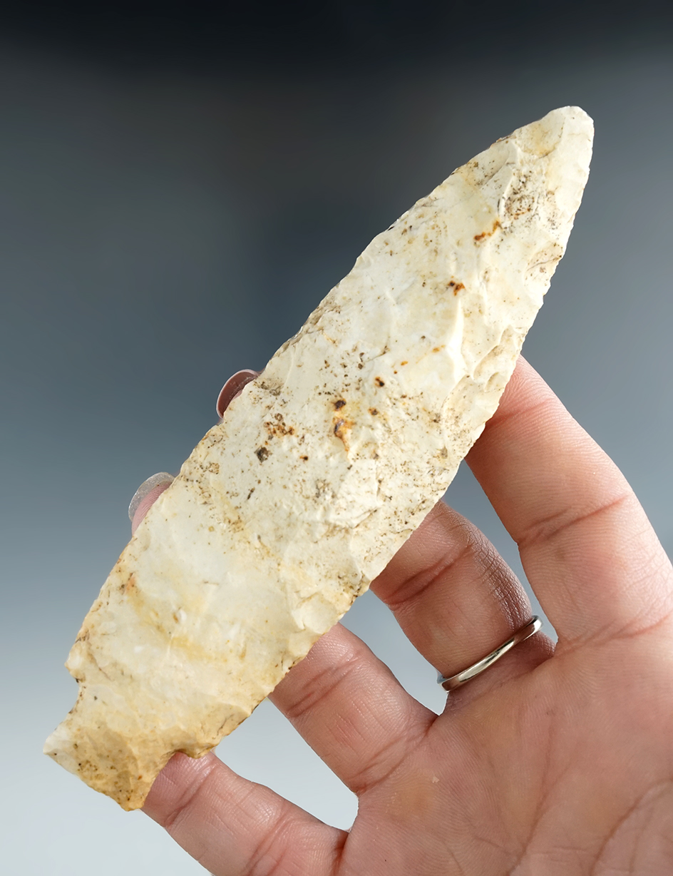 4 7/8" Burlington chert Etley point found in Missouri. Comes with a Perino COA.