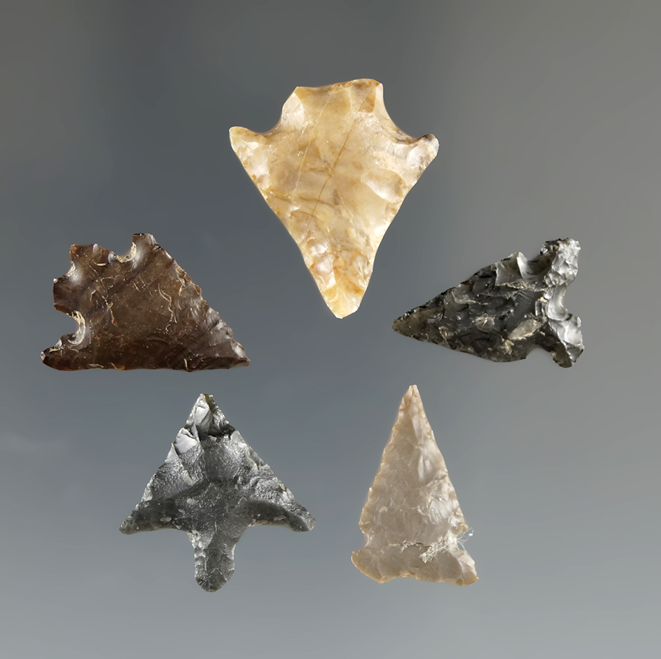 Set of five Columbia River arrowheads found in Kittitas Co., Washington. Largest is 13/16".