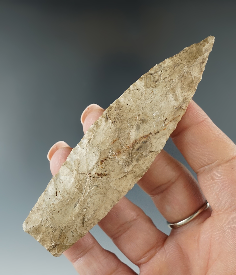 Nicely flaked 4" Agate Basin made from Cobden chert found in Illinois. Davis G-8 COA.