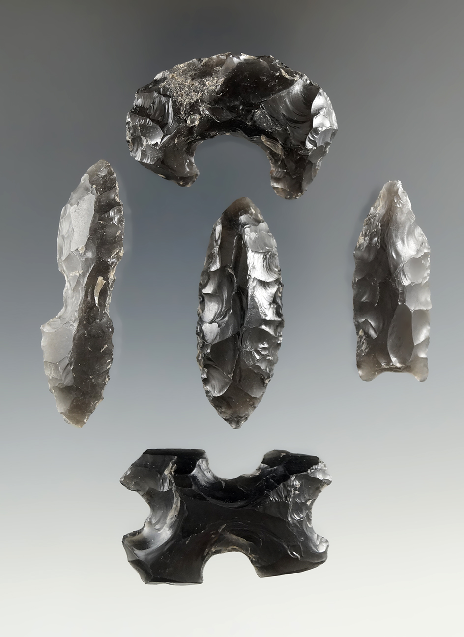 Group of five Mayan points and eccentrics found in Belize. Ex. Jeff Sadosky, Frank Toplak.