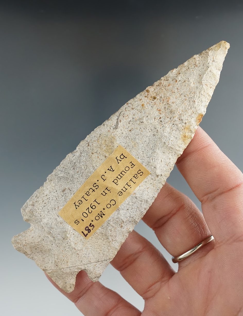 Thin for size! 4 7/16" Hopewell found in Saline Co., Missouri. Comes with a Motley COA.