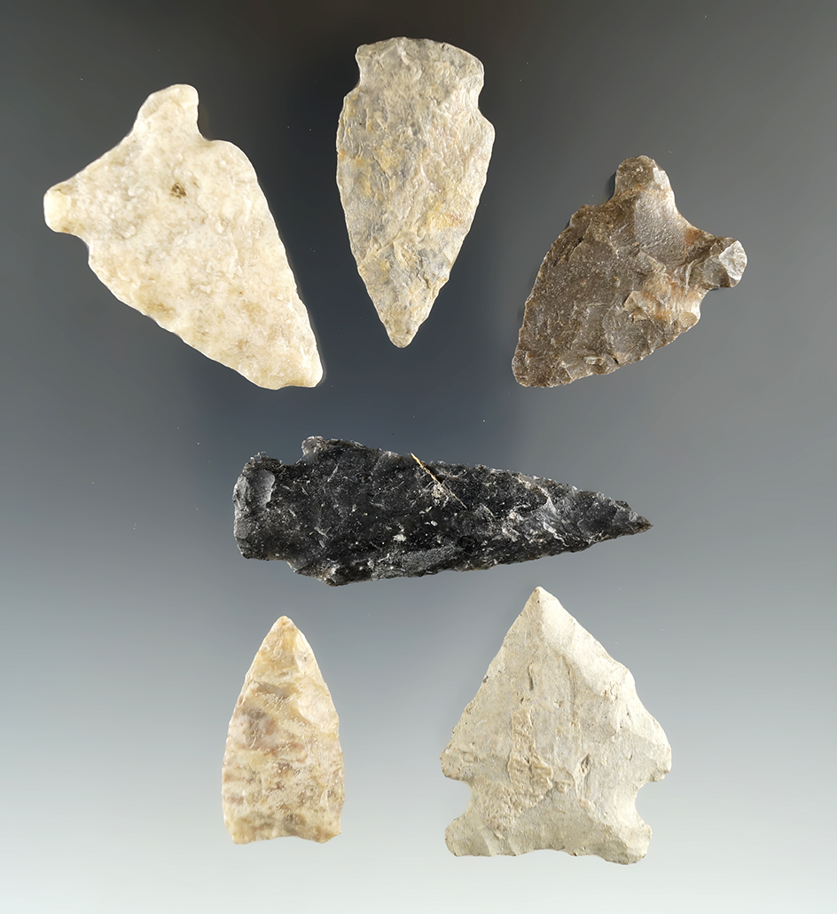 Six assorted arrowheads found in Eastern South Dakota in nice condition, largest is 2 1/8".