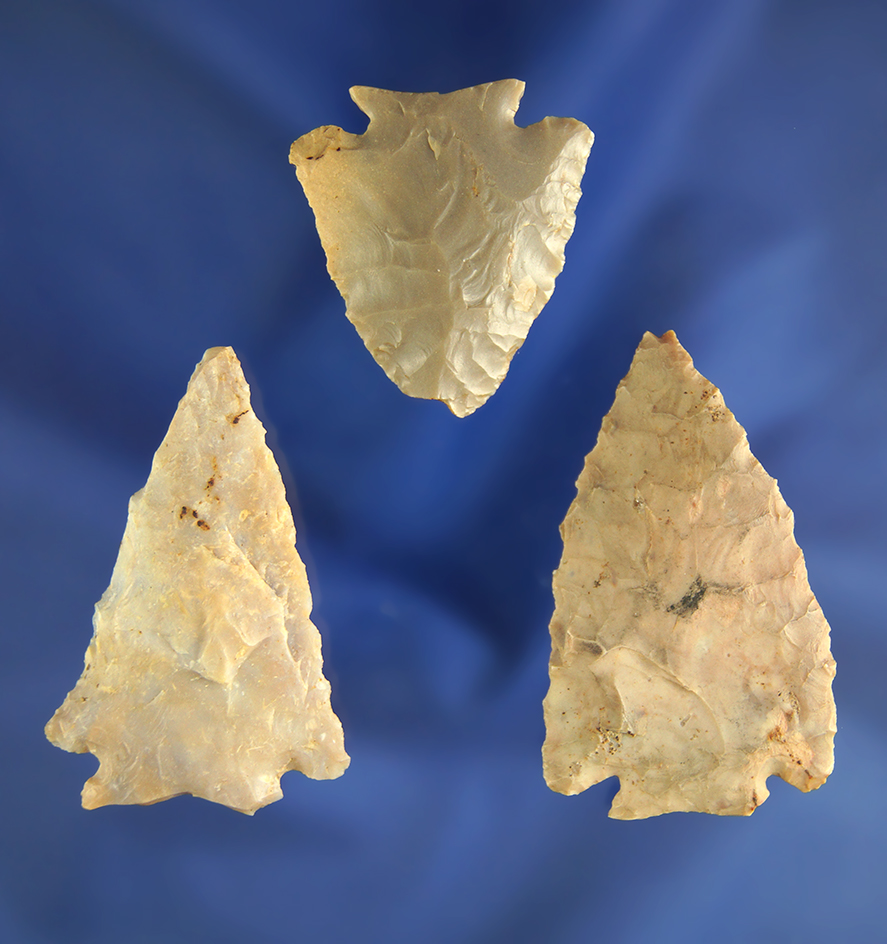 Set of three Decatur Fracture Base points found in Ohio and Kentucky, largest is 2".