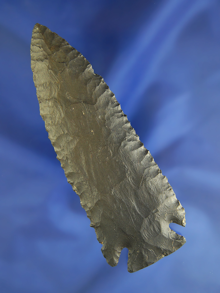 4 7/16" extremely fine Coshocton Flint Notched Base Dovetail found in Montgomery Co.,  Ohio.