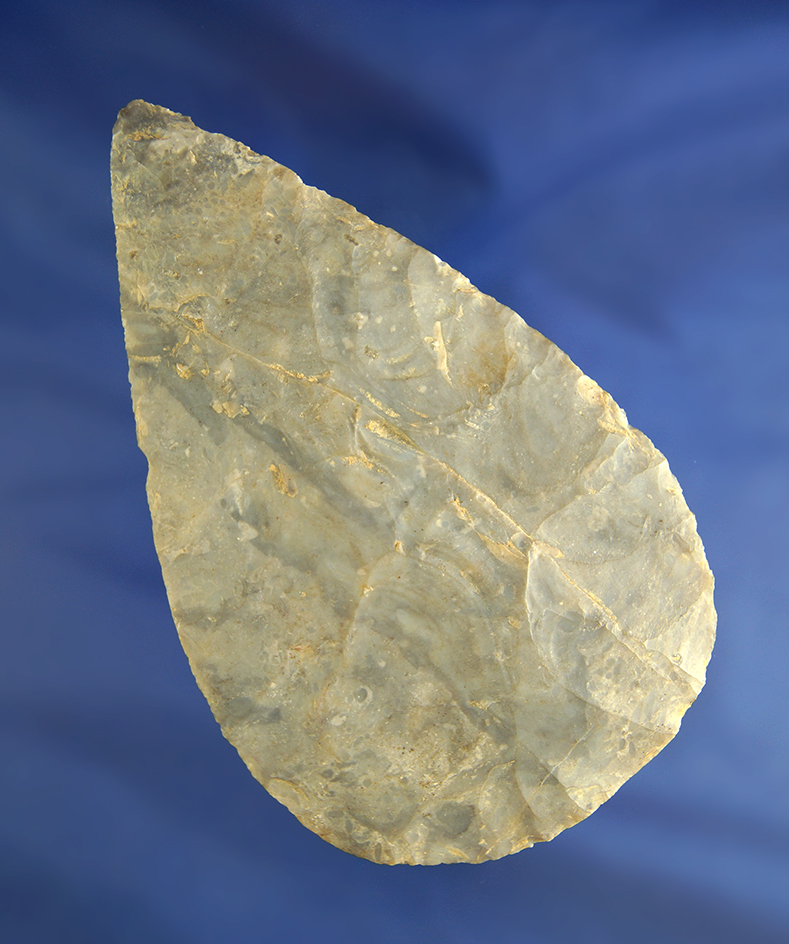 Thin and well flaked 4 1/2" Adena Cache Blade made from Flint Ridge Flint found in Ohio.