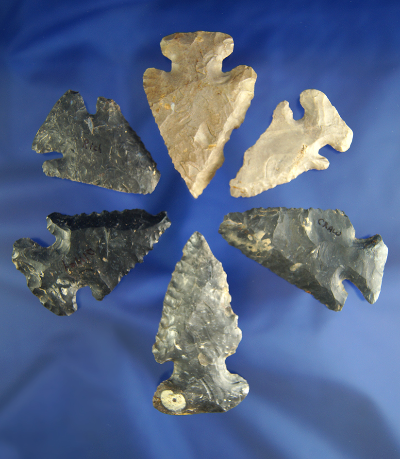 Set of six Archaic Bevels made from Coshocton Flint found in Crawford Co.,  Ohio.