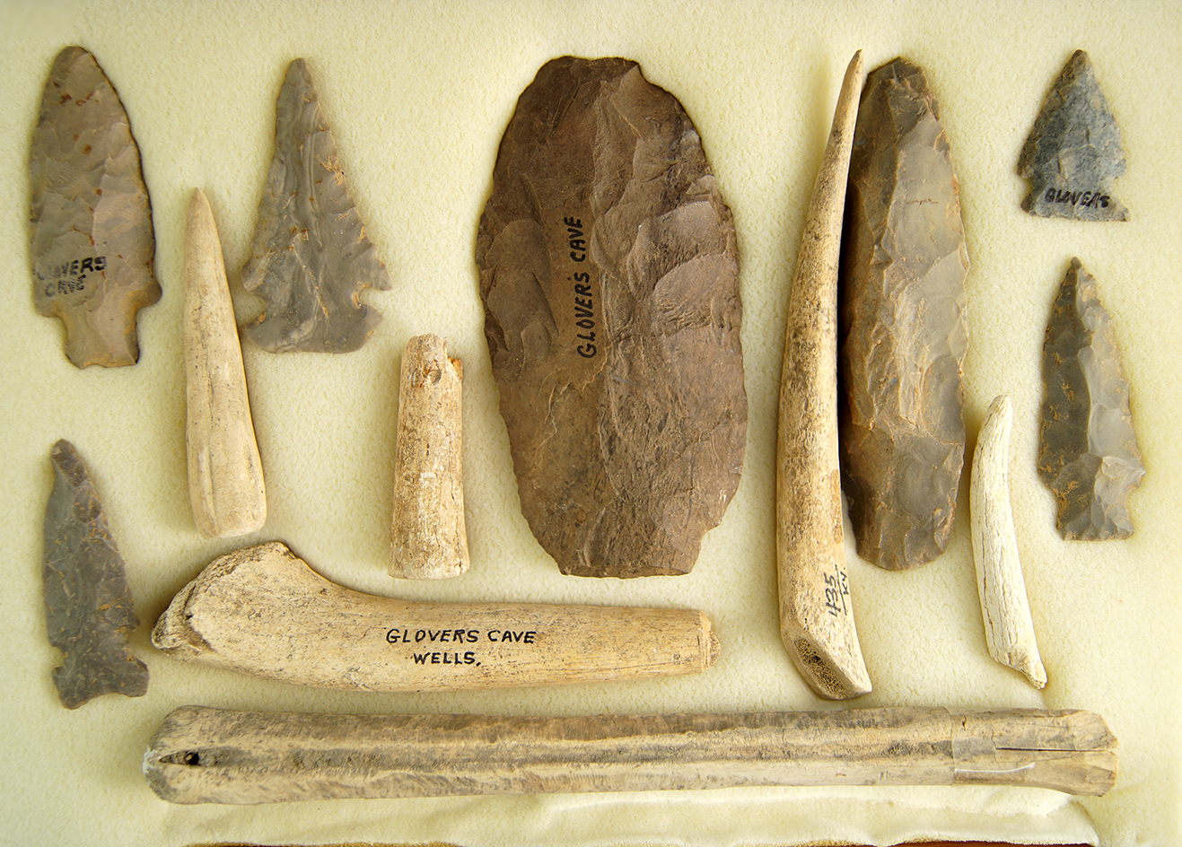 Nice set of 13 artifacts found at Glover's Cave including a nice conical antler Tip projectile poin