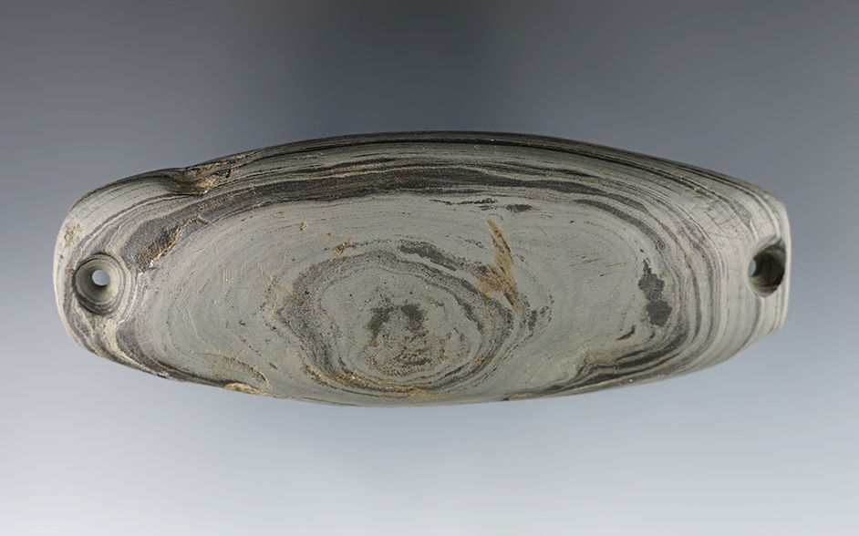 4 1/8" Slate Bar Weight drilled on both ends. Found in Darke Co., Ohio. Ex. Dana Staley.