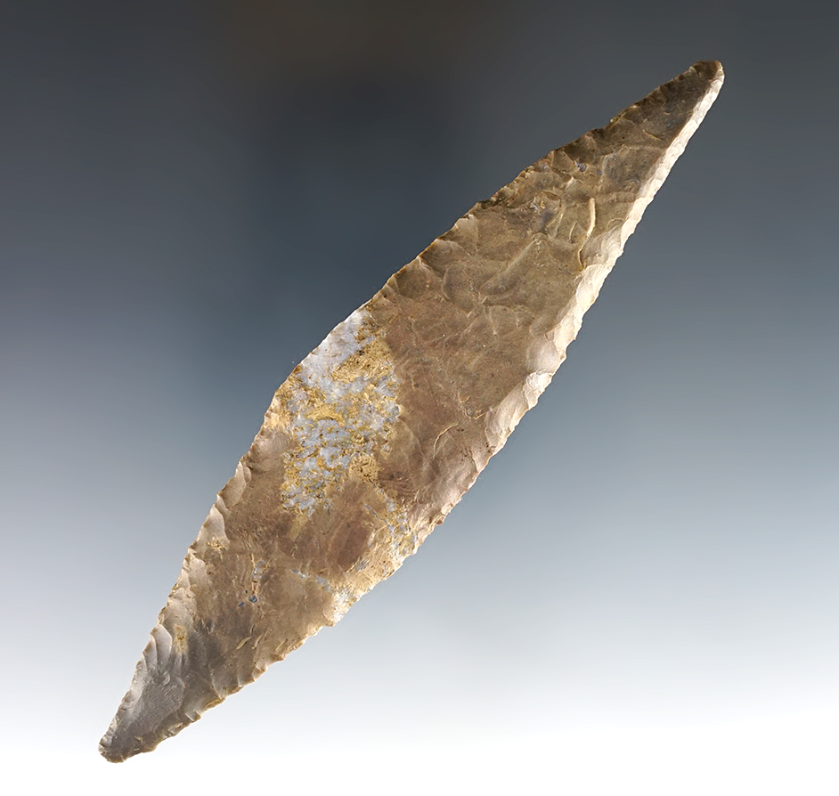 5 3/8" thin and finely beveled Bi-Pointed Red Ochre Knife. Nice quartz inclusion through center.