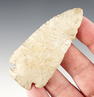 Well patinated 3 1/4" Archaic Cornernotch with heavy ancient grinding to the base. Midwest.