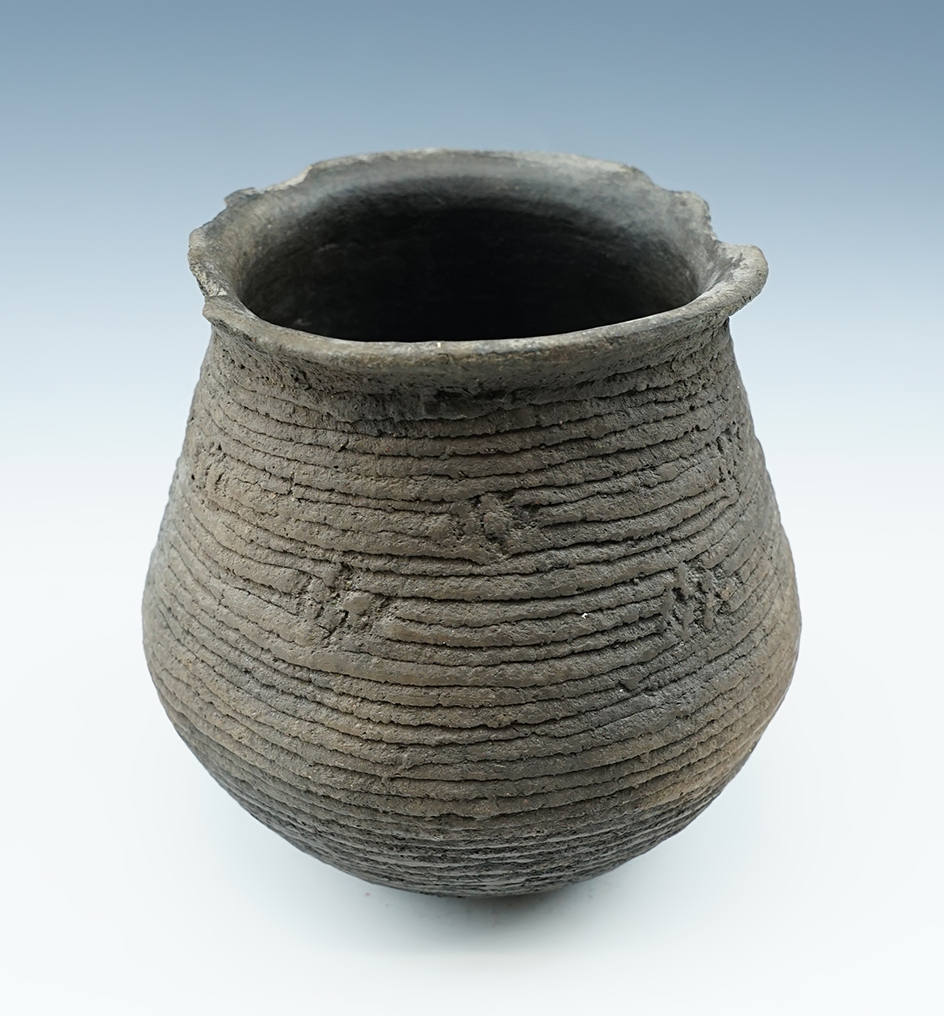 5" tall by 5 1/4" wide Corrugated Southwestern ancient Pottery Vessel.