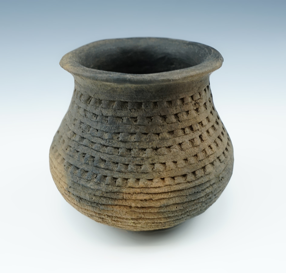 3 1/4" tall by 3 3/4" wide Corrugated Southwestern ancient Pottery Vessel.