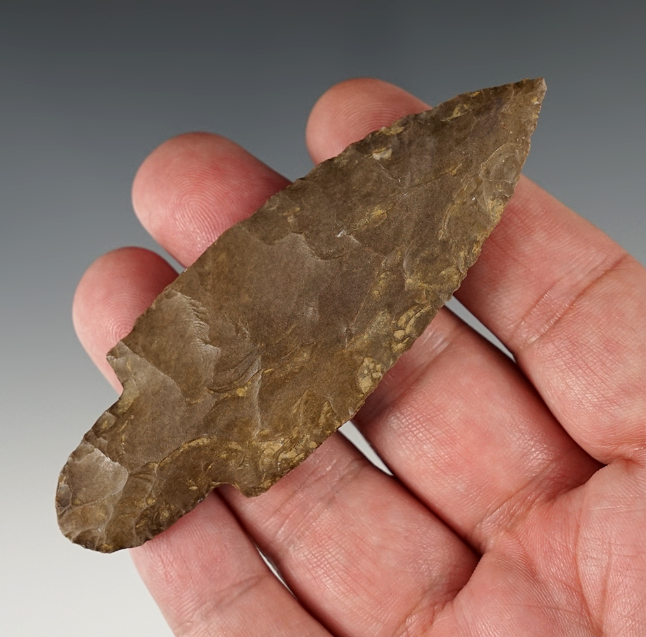 3 11/16" Adena made from Dover chert. Found in Benton Co., Tennessee.