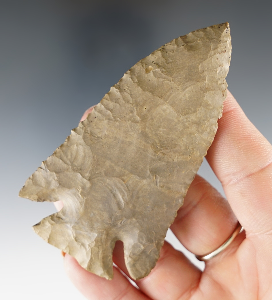 Lightly beveled 3 3/8" Dover Chert Lost Lake found in Hardin Co., Kentucky.