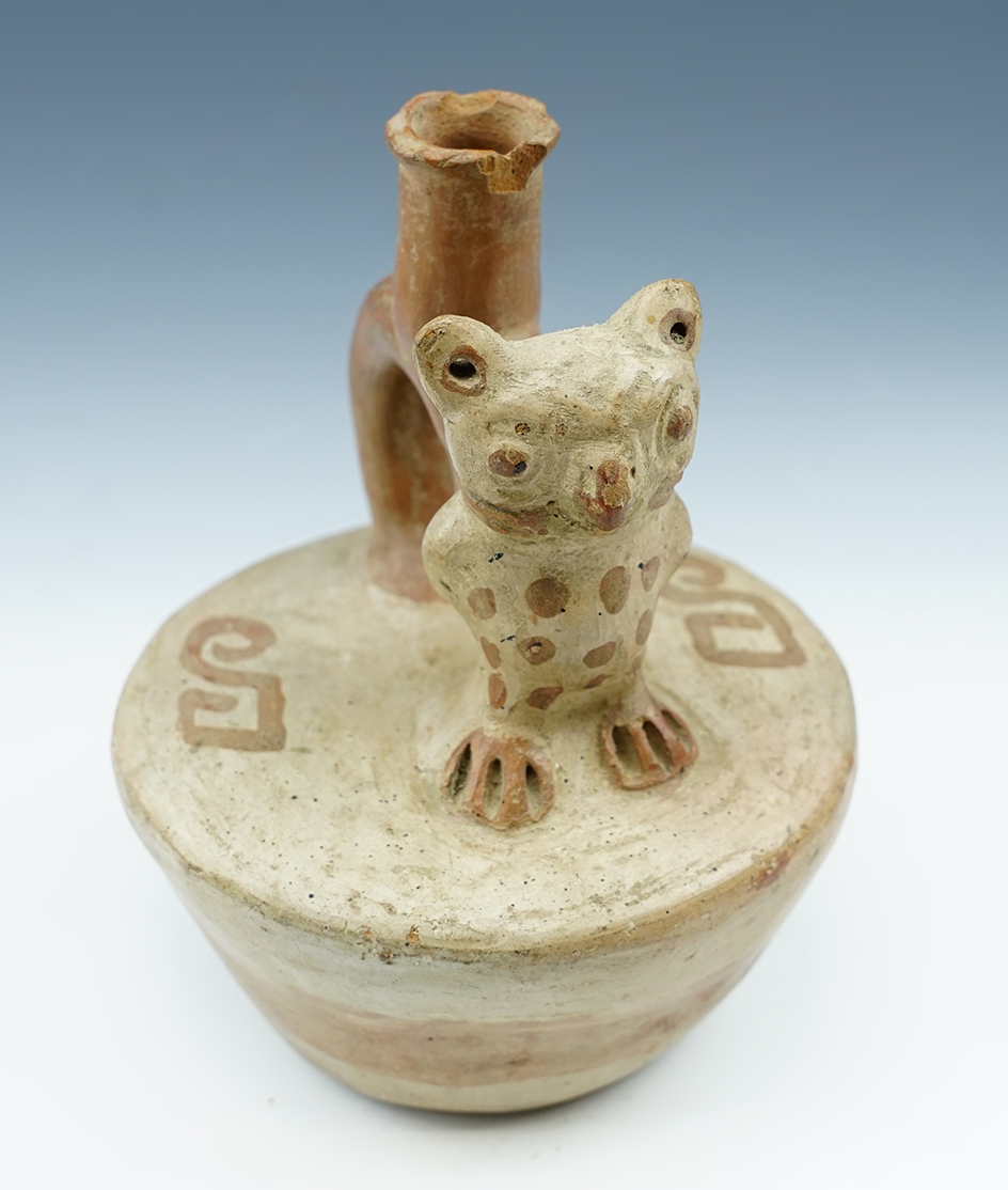 7 1/4" tall Moche IV Owl Effigy Stirrup pottery vessel found in Peru.