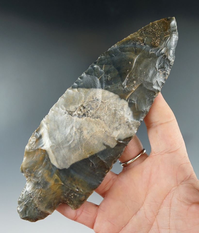 incredible color on this large and nice 6 3/8" Adena Knife found in Posey Co., Indiana. 2 COAs.